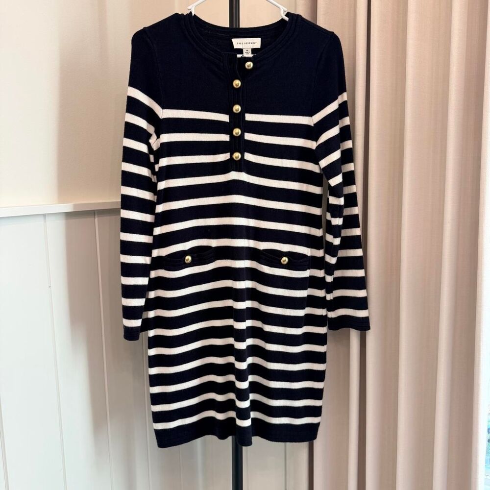 Navy White Striped Sweater Dress Gold Button Medium